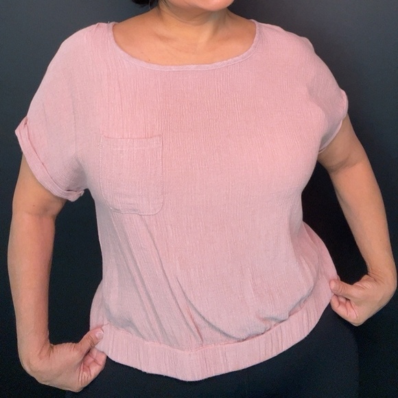 Lily White Short Sleeve Blouse Gauzy Pink Mauve Blush Twist Front Size Large - Picture 3 of 10